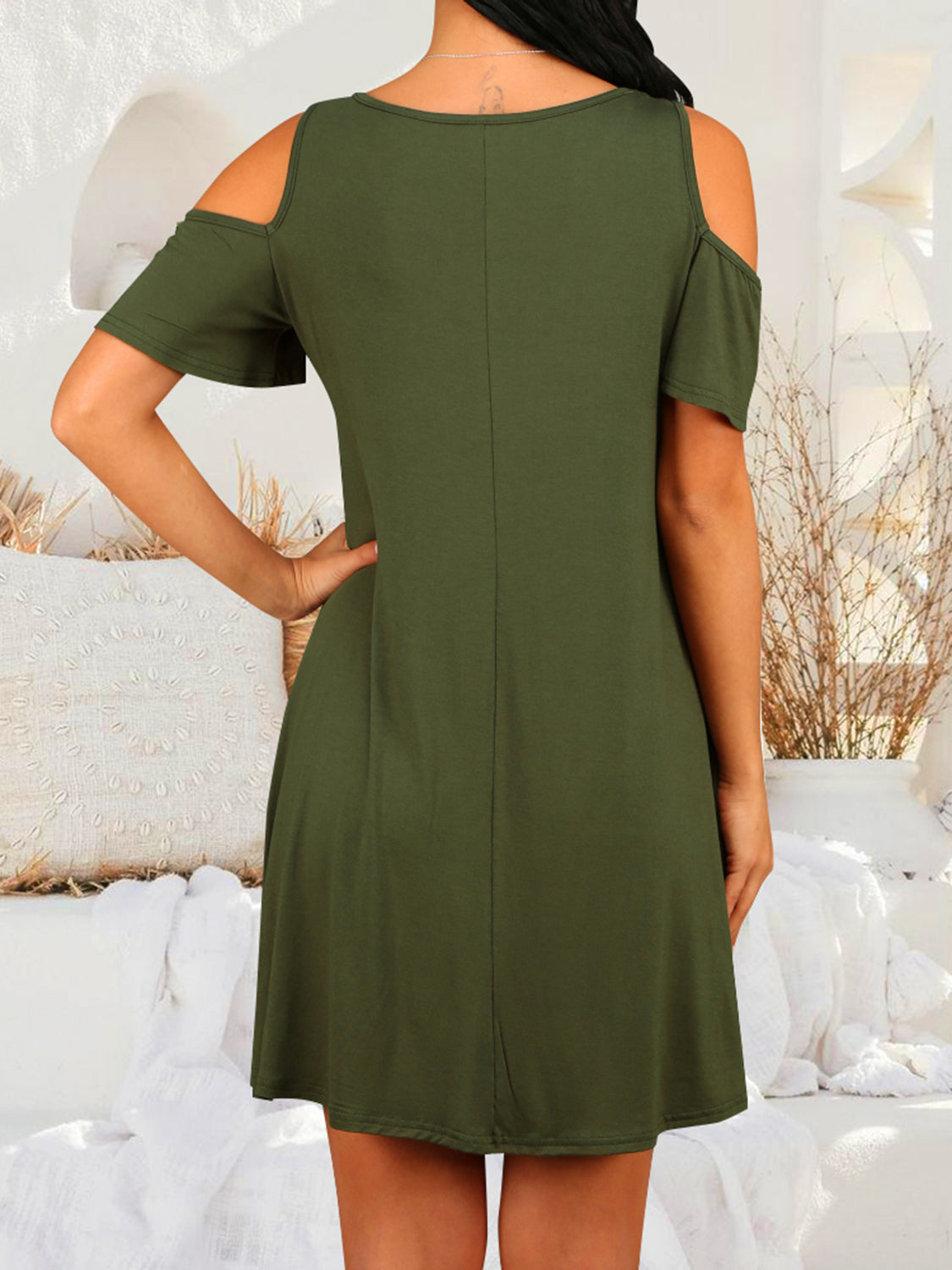 Round Neck Cold Shoulder Short Sleeve Dress - store name